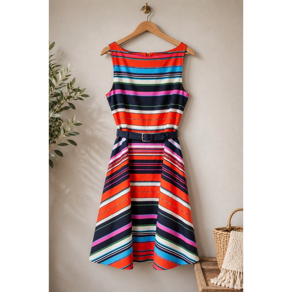 Evan-Picone 100% Cotton Striped Preppy Fit & Flare Dress Size 14 Belted Midi‎